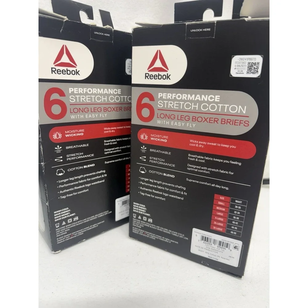 Lot Of 2 -6 Packs Reebok Cotton Long Leg Boxer Briefs w/Easy Fly Black Small